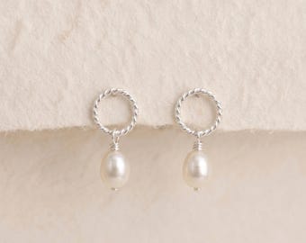 Freshwater Pearl Karma Circle Stud Drop Earrings In Sterling Silver