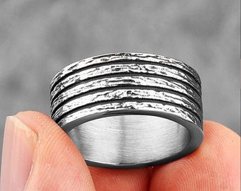 Personalised Stainless Steel Gunmetal Silver Viking Tree Bark Stripe Ring