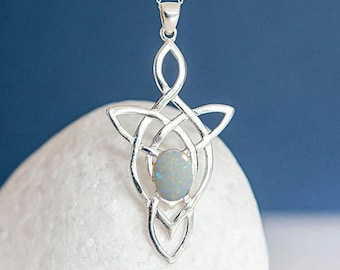 Genuine Fine Opal Celtic Knot Necklace in Sterling Silver, Motherhood Knot, 24th Wedding Anniversary Gift, October Birthday