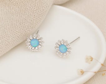 Opal Flower Stud Earrings • Sterling Silver Blue Studs • October Birthstone Gift • Dainty Earrings • Gift for Her •