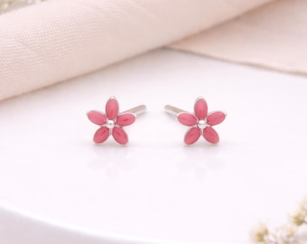 Sterling Silver Pink Forget Me Not Micro Stud Earrings – 4mm