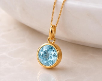 Personalised Gold Plated Sterling Silver March Birthstone Aquamarine Pendant Necklace