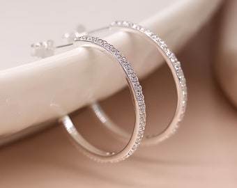 Large Sterling Silver Cz Hoop Earrings