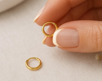 Mini 18ct Yellow Gold Sterling Silver Huggie Sleeper Hoop Earrings, 10mm