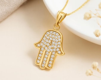 Hamsa Hand Pendant • 9ct Gold Charm with Cubic Zirconia • Personalised Disc • Protective Symbol • Gift for Her • Gold Talisman •