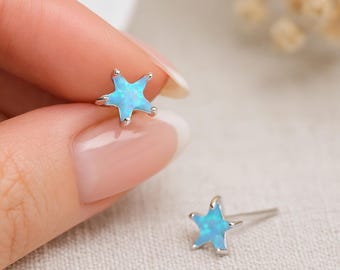 Sterling Silver Blue Opal Star Stud Earrings – 7mm