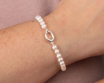 Genuine Freshwater Pearl Charm Carrier Bracelet in Sterling Silver, White Pearl, Ivory Pearl, Charm Bracelet, Bridesmaid Gift