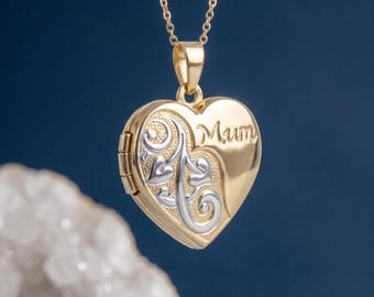 Personalised Mum Heart Photo Locket Necklace in Solid 9ct Gold