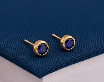 7mm Gold Plated Sterling Silver Sapphire CZ Stud Earrings