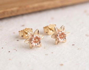 Personalised March Daffodil Birth Flower Stud Earrings in Gold Plated Sterling Silver