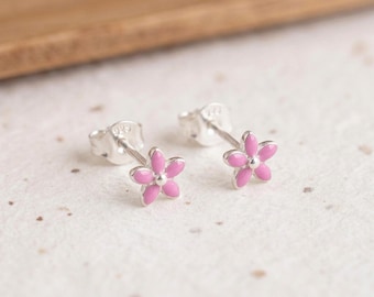 Tiny Pink Forget Me Not Flower Stud Earrings in Sterling Silver