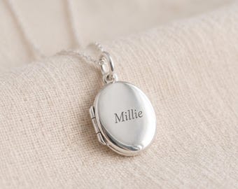 Personalised Small Engraved Oval Photo Locket Necklace In Sterling Silver