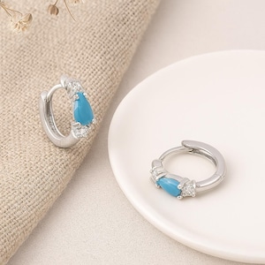 Turquoise Huggie Earrings: Sterling Silver CZ Teardrop Hoops