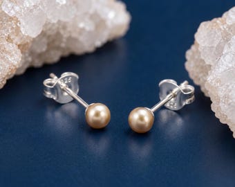 Personalised Tiny Champagne Freshwater Pearl Stud Earrings In Sterling Silver