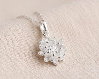 Tiny Personalised November Chrysanthemum Birth Flower Pendant Necklace In Sterling Silver