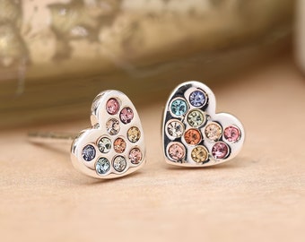 Sterling Silver Rainbow Heart Stud Earrings