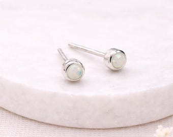 Sterling Silver White Opal Micro Stud Earrings – 4mm