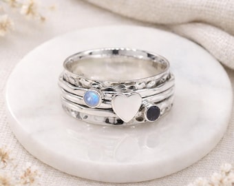 Personalised Sterling Silver Heart & Gemstone Spinner Ring – 10mm