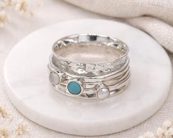 Personalised Sterling Silver Turquoise, Moonstone and Pearl Spinner Ring
