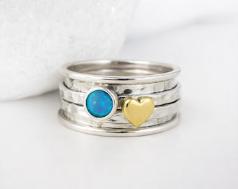 Personalised Sterling Silver Heart & Opal Spinner Ring – 10mm