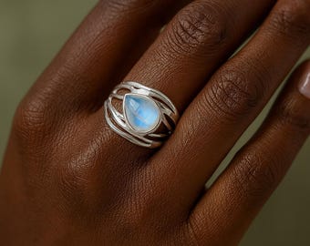 Molten Moonstone Ring • Teardrop Rainbow Moonstone Ring • Organic Sterling Silver Statement Ring • Gift for Her •