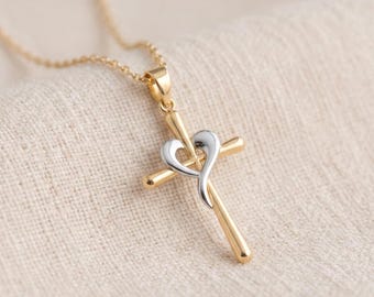 Personalised Heart Cross Pendant In Solid 9ct Mixed Gold