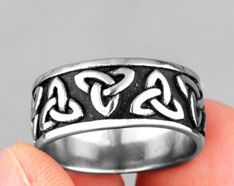 Personalised Stainless Steel Gunmetal Silver Viking Celtic Triquetra Ring