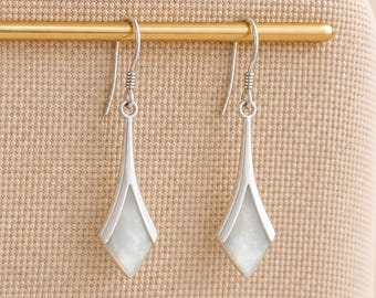 Sterling Silver Mother of Pearl Diamond Drop Earrings – 20mm X 9mm