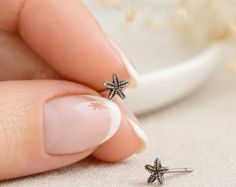 Oxidised Sterling Silver Starfish Stud Earrings: Coastal Jewellery, 5mm
