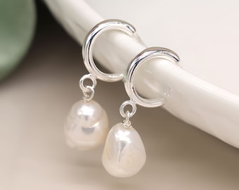 Sterling Silver Pearl Half Hoop Earrings