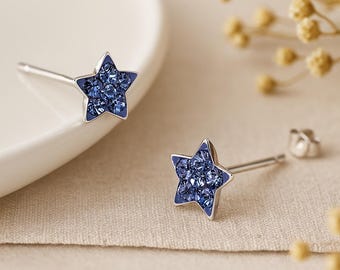 Tiny Sterling Silver Blue Twinkling Star Stud Earrings