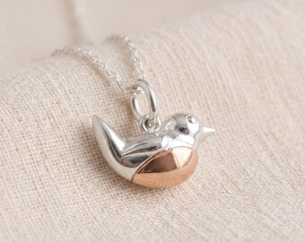Tiny Personalised Robin Pendant Necklace in Sterling Silver and Rose Gold