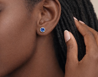 Gold Plated Sterling Silver September Sapphire Birthstone Stud Earrings – 7mm