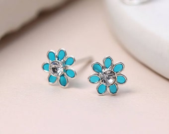 Tiny Sterling Silver Teal Flower Stud Earrings