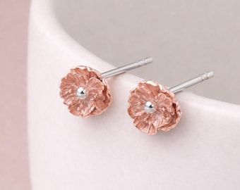 Sterling Silver And Rose Gold Poppy Flower Stud Earrings – 7mm