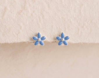 Tiny Blue Forget Me Not Flower Stud Earrings In Sterling Silver