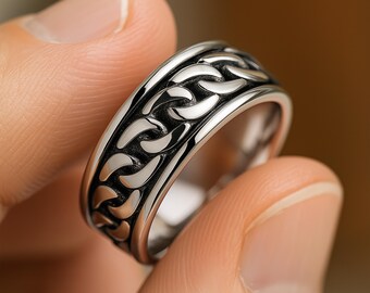Personalised Mens Sterling Silver Oxidised Chain Spinning Ring