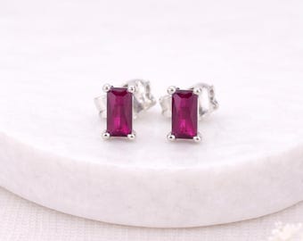 Sterling Silver Ruby Baguette Stud Earrings – 6mm x 4mm