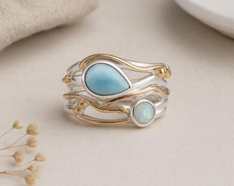 Larimar & Opal Molten Ring • Organic Sterling Silver Statement Ring • Unique 14kt Gold Wire and Brass Detail • Handmade Gift for Her •