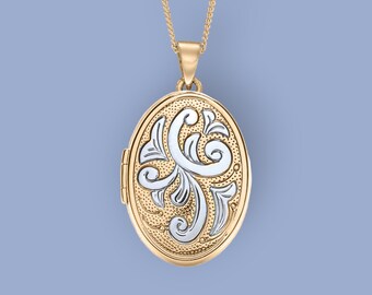 Large Floral Family Locket in 9ct Mixed Gold, Four Photo Locket, Solid Gold Locket, Keepsake Memorial Necklace Jewellery