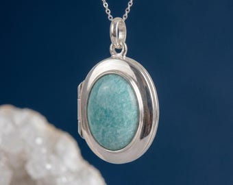 Personalised Amazonite Photo Locket Necklace In Sterling Silver