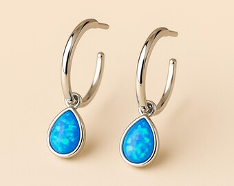 Sterling Silver Blue Opal Half Hoop Earrings