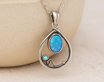 Personalised Molten Sterling Silver Halo Teardrop Blue Opal Necklace
