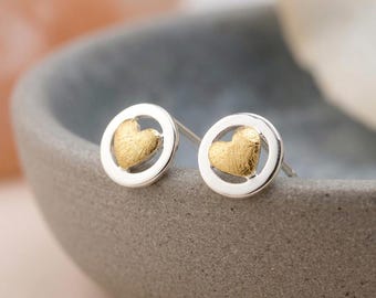 Personalised Halo Heart Stud Earrings in Sterling Silver and Gold