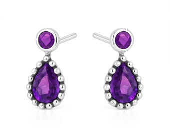 Sterling Silver Amethyst Drop Stud Earrings – 13mm x 6mm