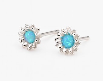 Sterling Silver Blue Opal Daisy Stud Earrings – 6mm