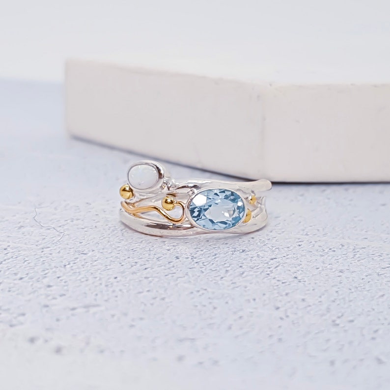 UK L Sterling Silver Sky Blue Topaz and White Opal Ring for Women Organic Gemstone Ring * Personalized With Up To 40 Characters