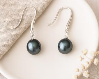 Black Pearl Teardrop Earrings • Sterling Silver Drop Earrings • Bridal Pearl Jewellery • Gift for Her • Classic Everyday Earrings •