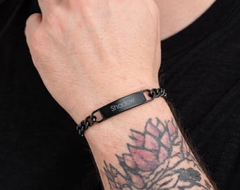 Personalised Mens Stainless Steel Curb Chain ID Bar Bracelet - Black