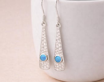 Hammered Sterling Silver Opal Bar Drop Earrings: October Birthstone, 9mm